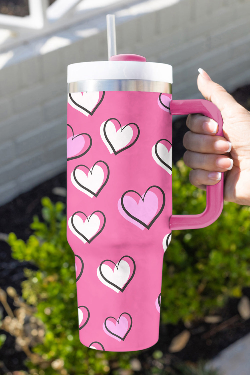 Rose Red Heart Print Thermos Cup with Handle 1200ml