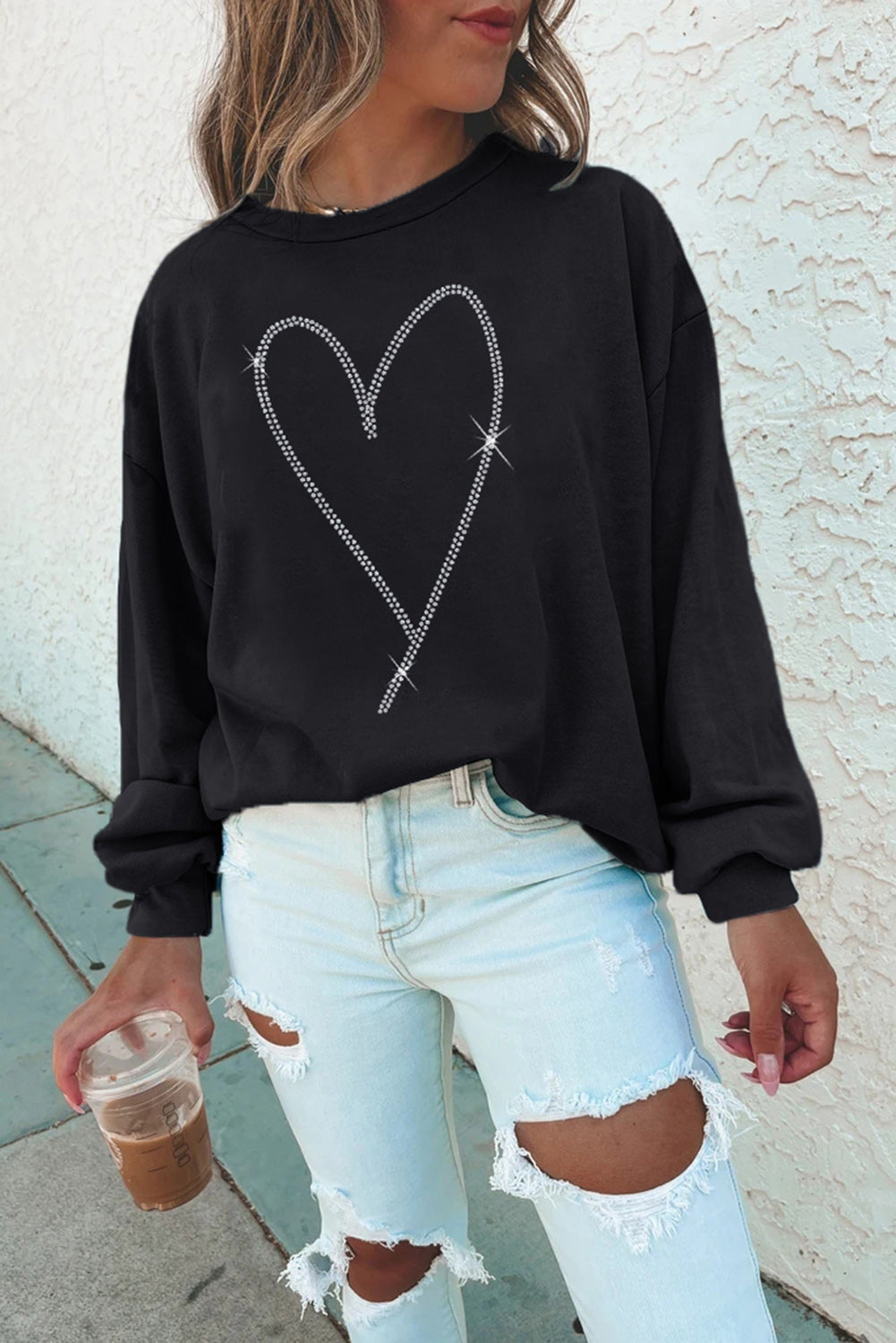 Black Rhinestone Heart Pattern Valentines Fashion Sweatshirt