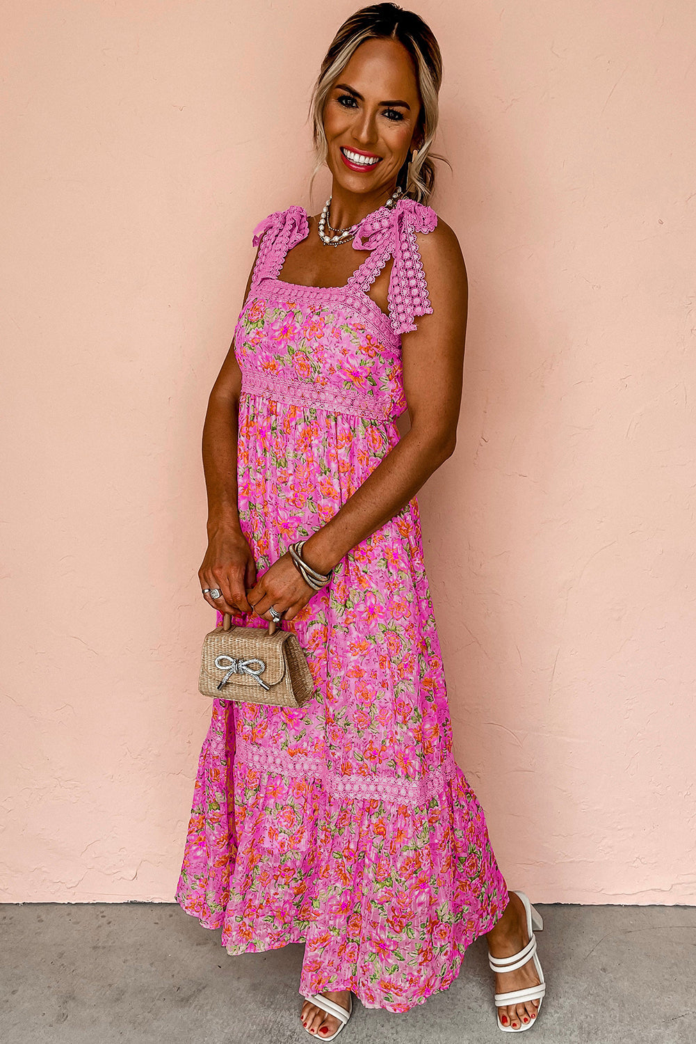 Green Floral Lace Tied Strap Empire Waist Maxi Dress