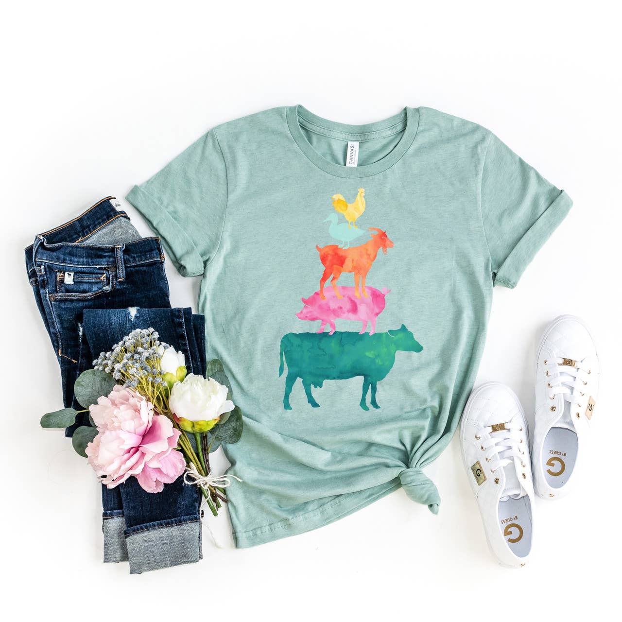 Watercolor Farm Animals Dusty Blue Tee