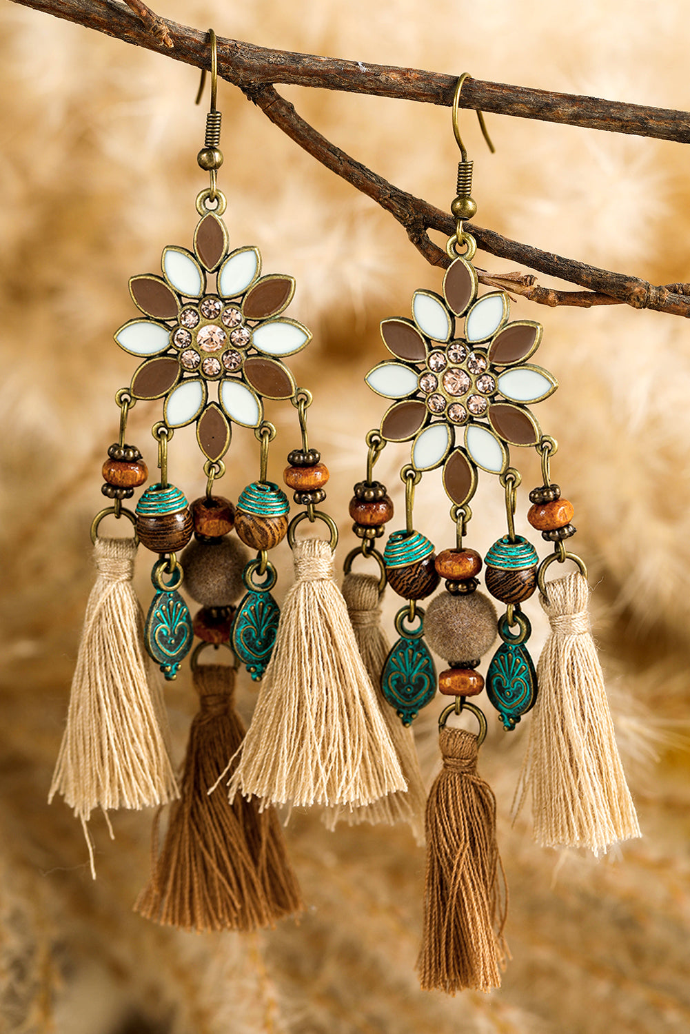 Chestnut Boho Bead Tassel Dangle Earrings