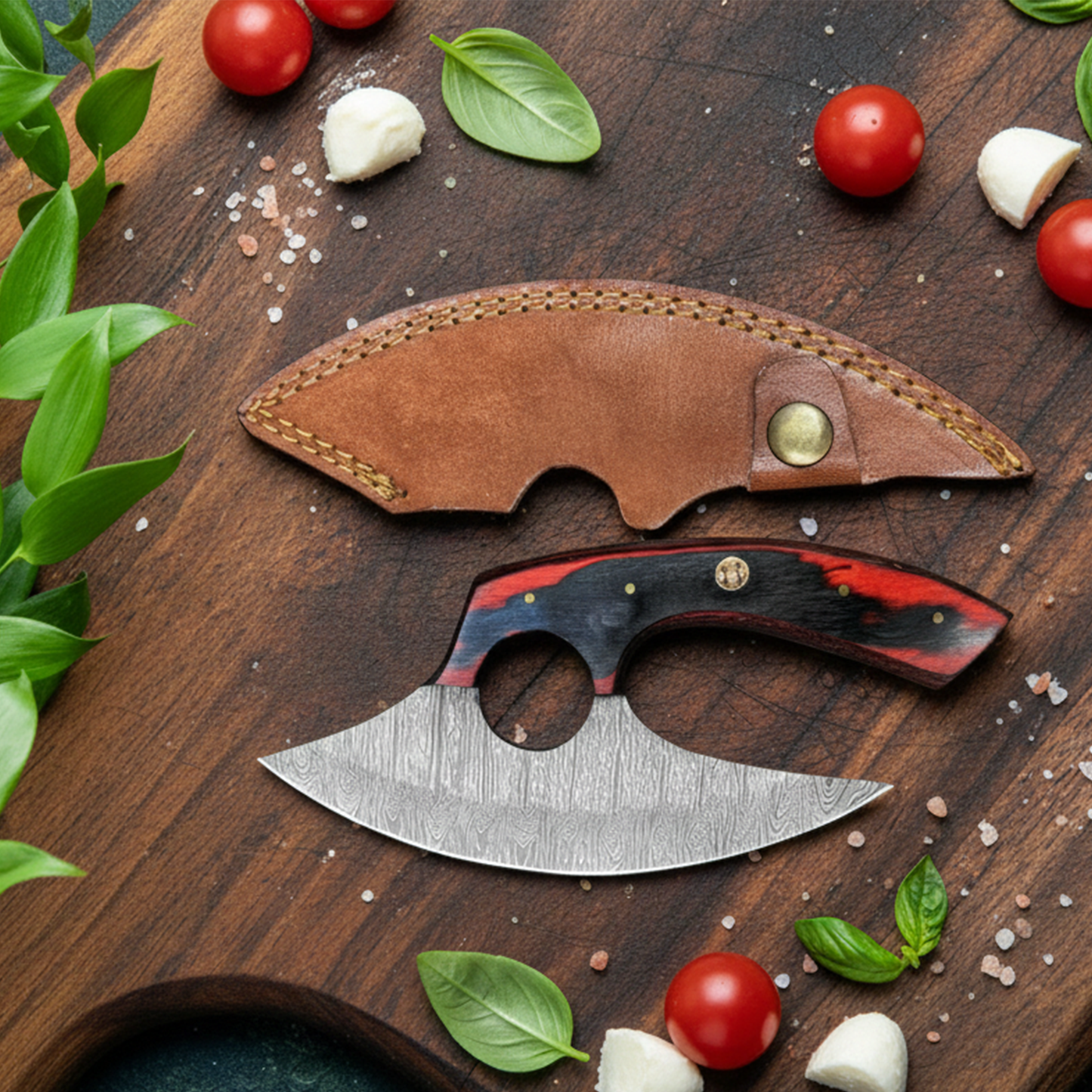 Handmade damascus Ulu knife with leather sheath