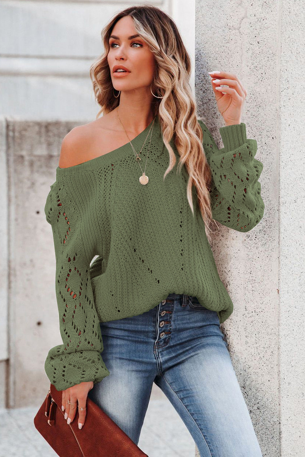 Black Hollow-out Puffy Sleeve Knit Sweater