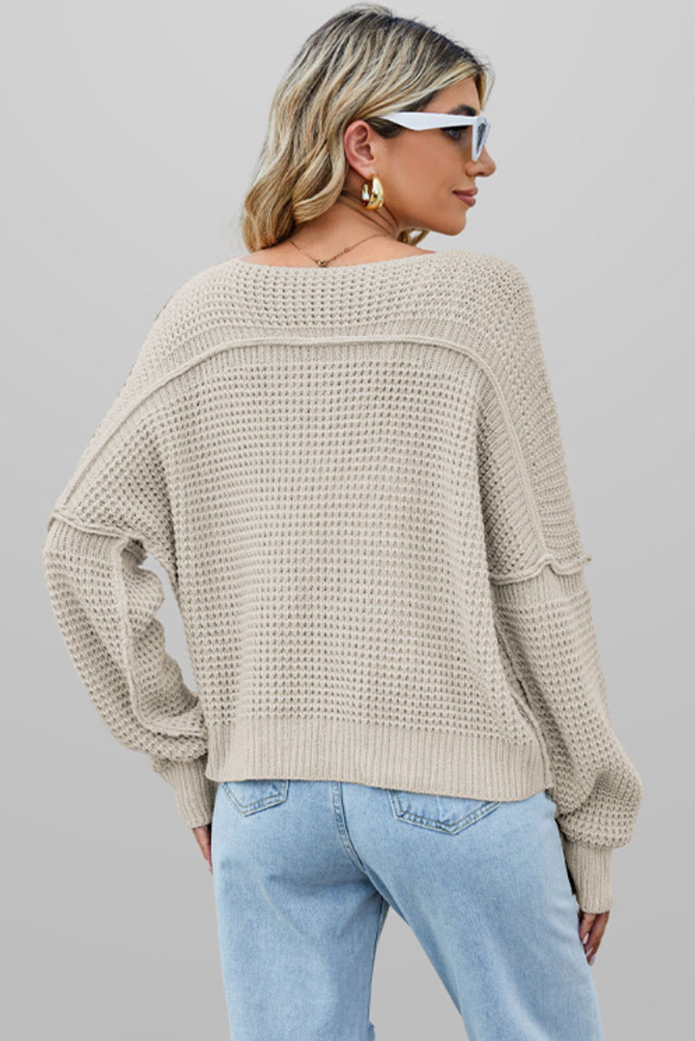 Light Pink Plain Waffle Knit V Neck Sweater