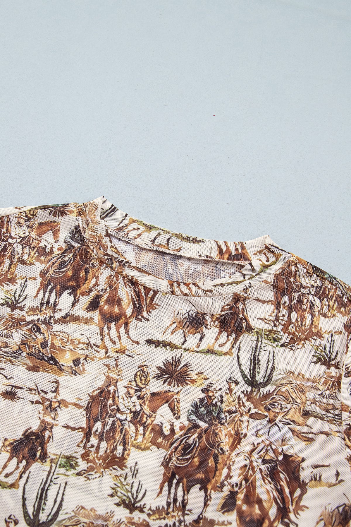 Beige Western Cowboy Floral Print Sheer Mesh Long Sleeve Top