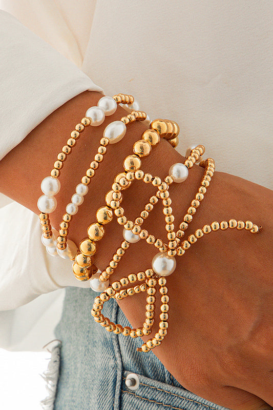 Gold Bow Knot Pearl Beaded Multi Layered Bracelet Set