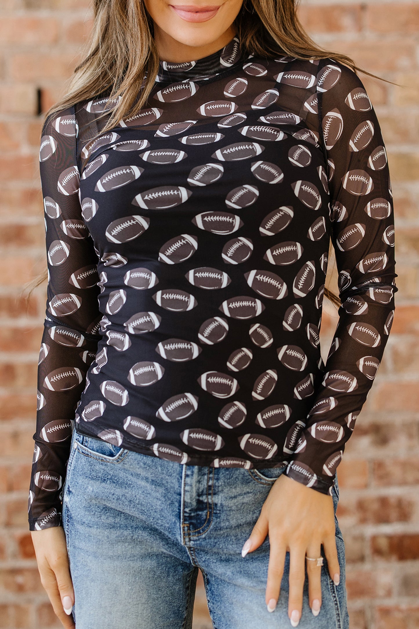 Red Game Day Rugby Mesh Sheer Long Sleeve Top