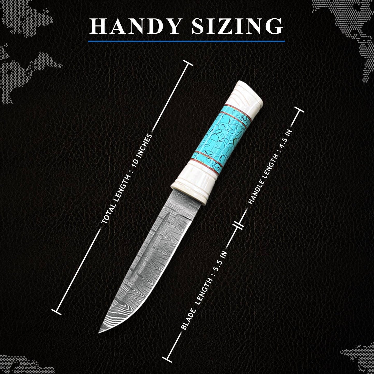 10' Bone handle damascus steel knife with leather sheath