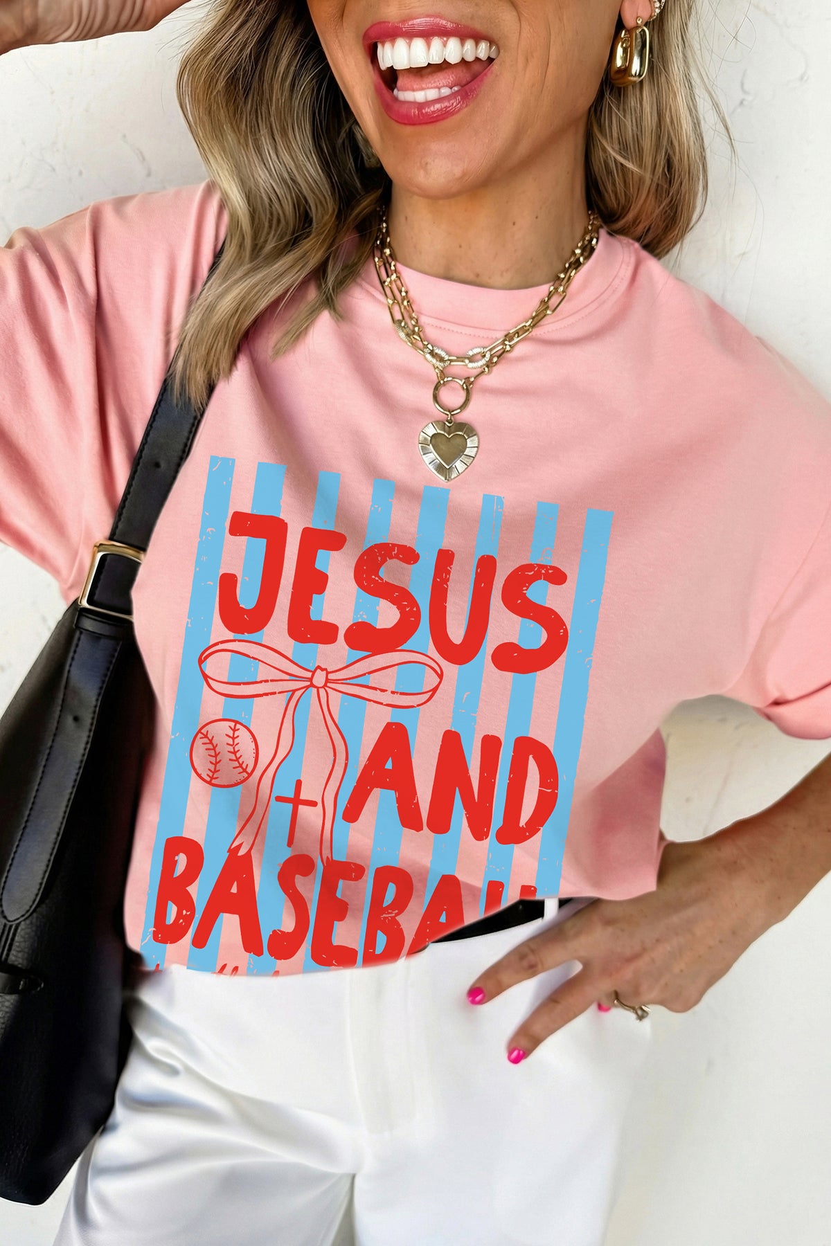 Pink JESUS AND BASEBALL Coquette Striped Print T Shirt