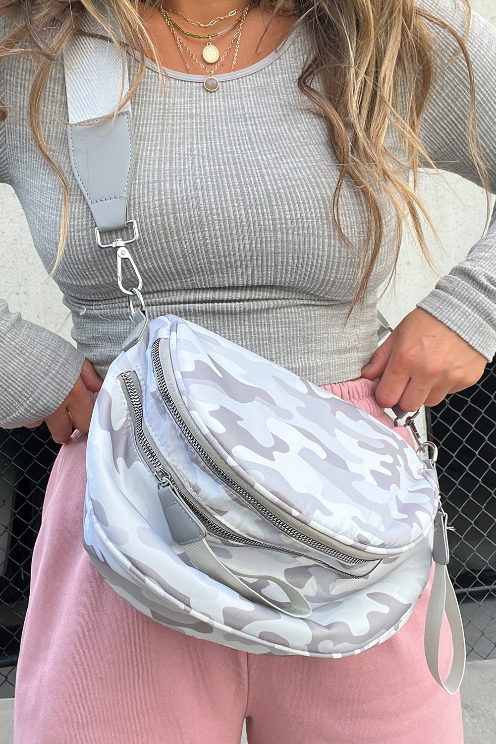 White Camouflage Print Double Zip Fashion Crossbody Bag
