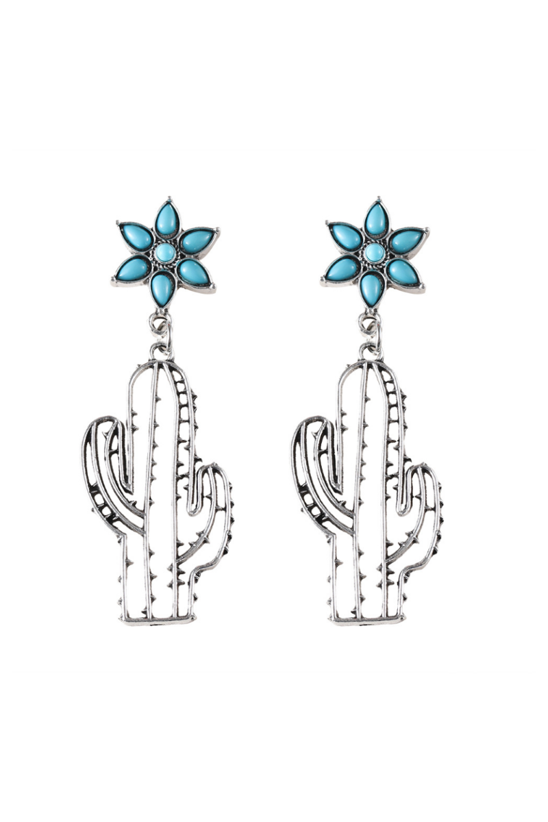 Bohemian Western Earrings: Turquoise Flower & Openwork Cacti