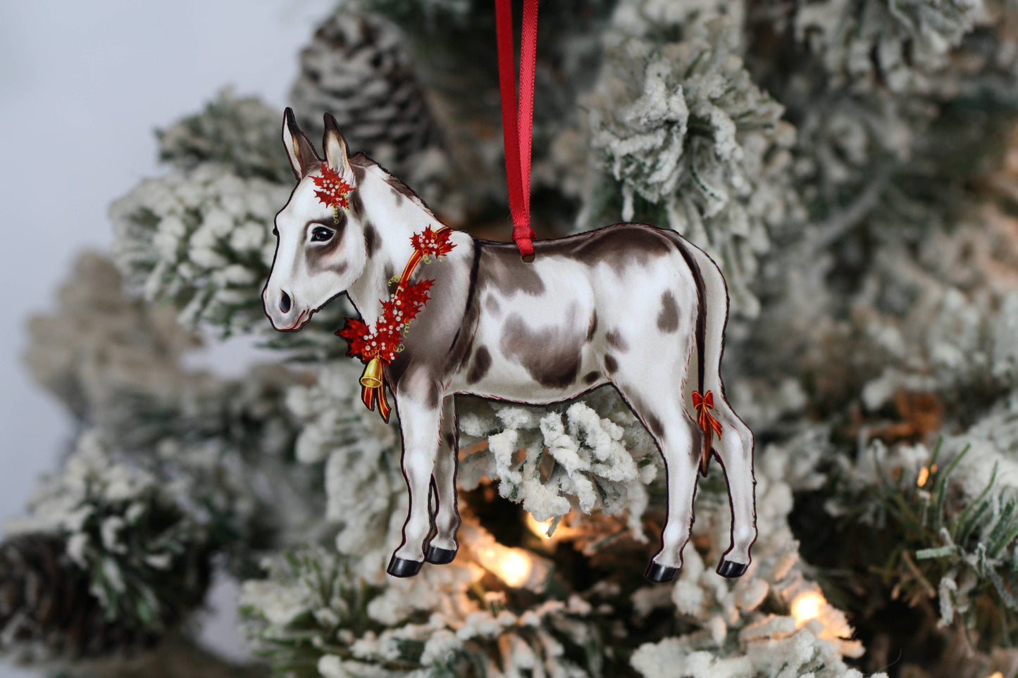 Spotted Gray and White Miniature Donkey Christmas Ornament