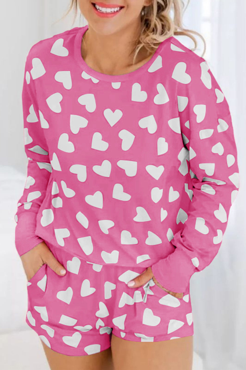 Black Valentine Heart Shape Print Long Sleeve Top Shorts Lounge Set