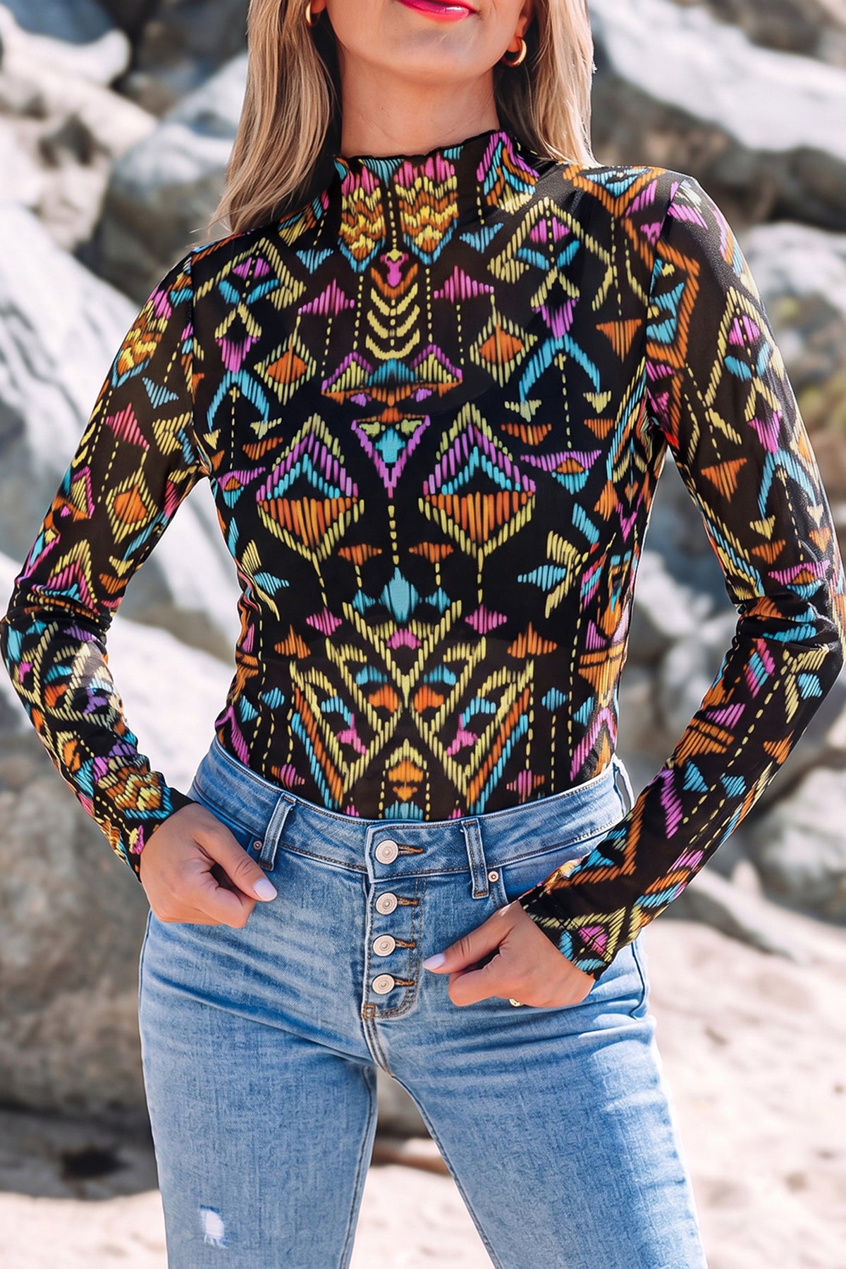 Color black Abstract Print Long Sleeve Stand Neck Mesh Top