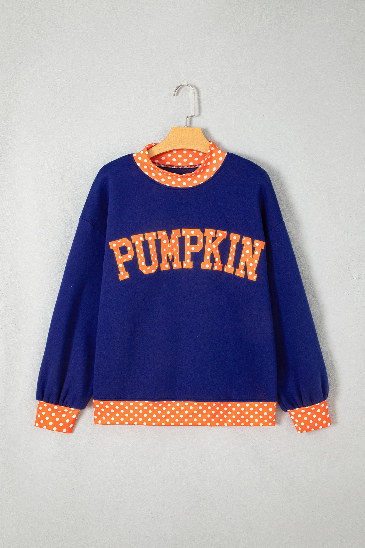 Grapefruit Orange Polka Dot Letter Print Contrast Trim Mock Neck Sweatshirt