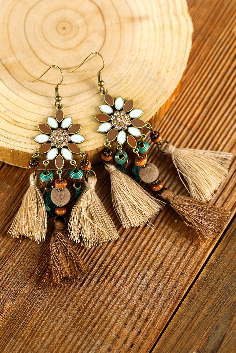 Chestnut Boho Bead Tassel Dangle Earrings