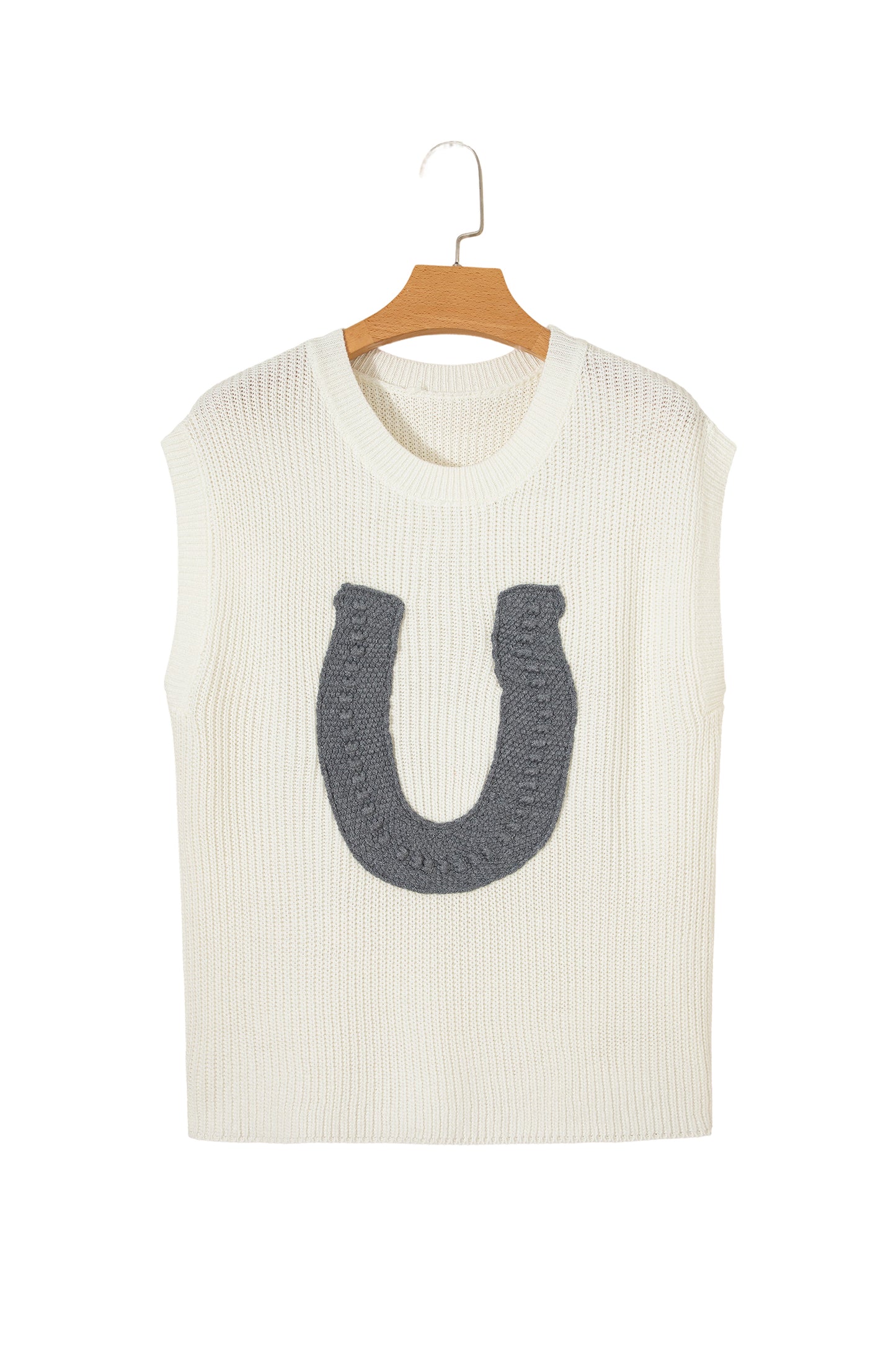 White Crochet Horseshoe Short Sleeve Knit Sweater