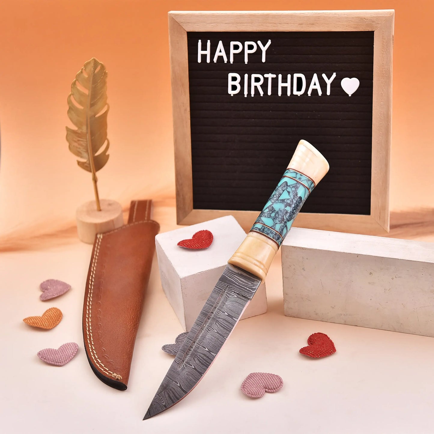 10' Bone handle damascus steel knife with leather sheath