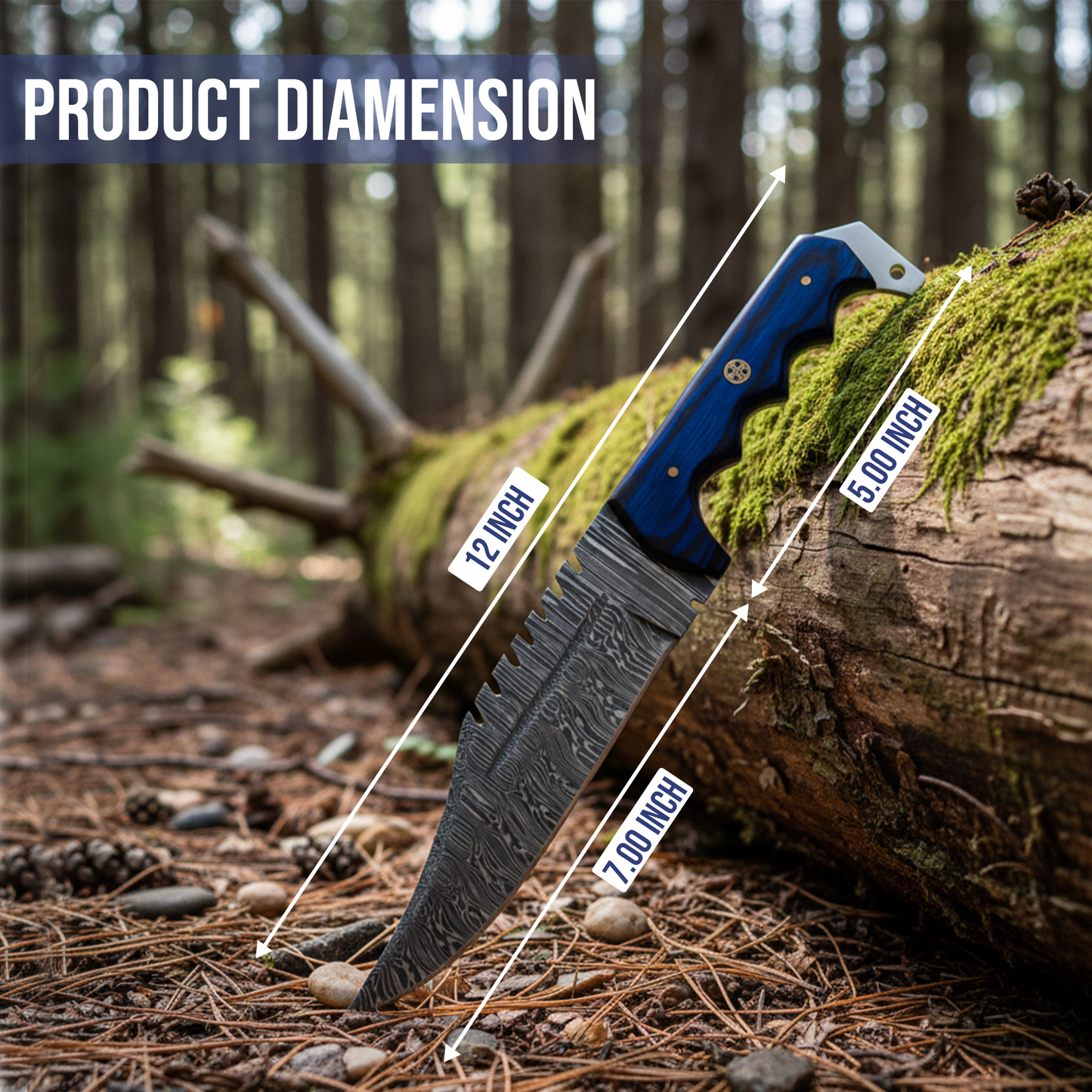 12' Handmade damascus steel knife with leather sheath