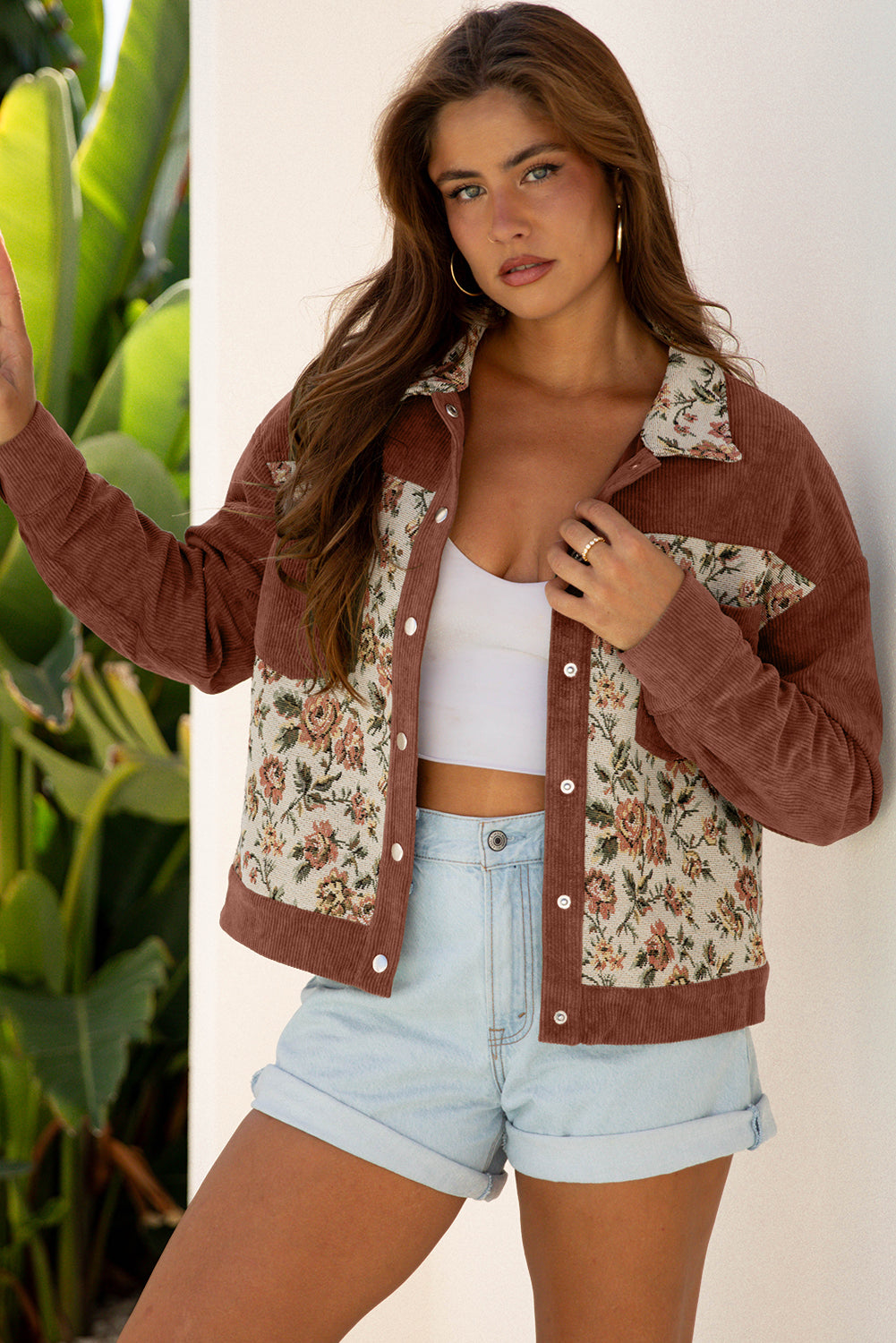 Medium Grey Ribbed Retro Floral Patchwork Shirt Style Jacket