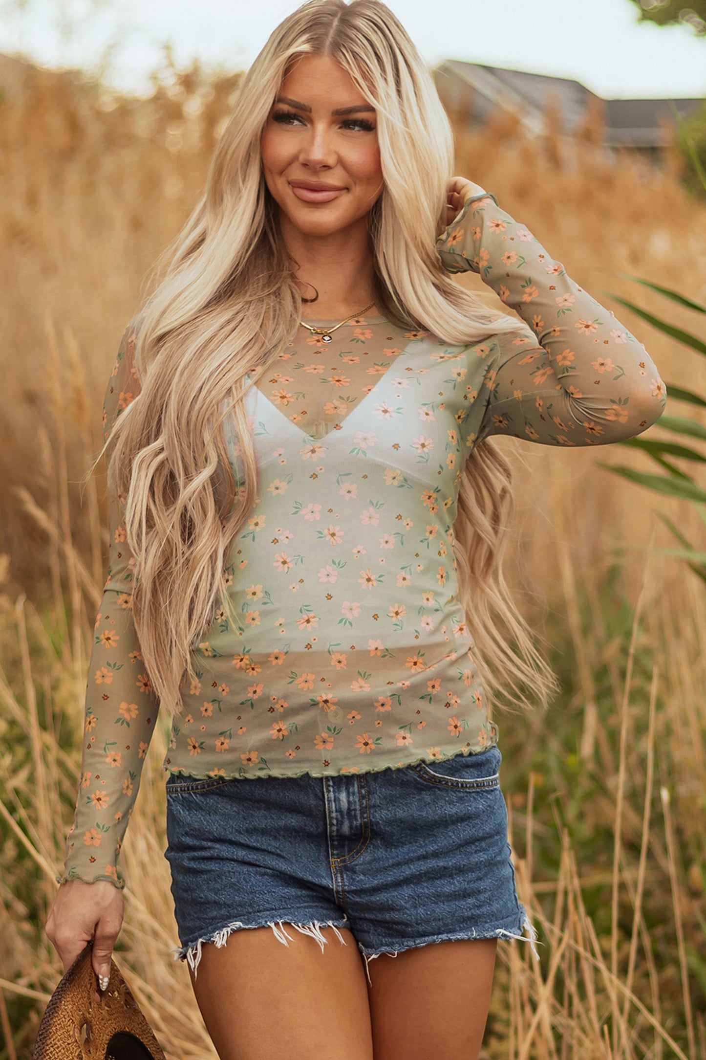 Sky Blue Vintage Floral Print Southern Style Mesh Long Sleeve Top