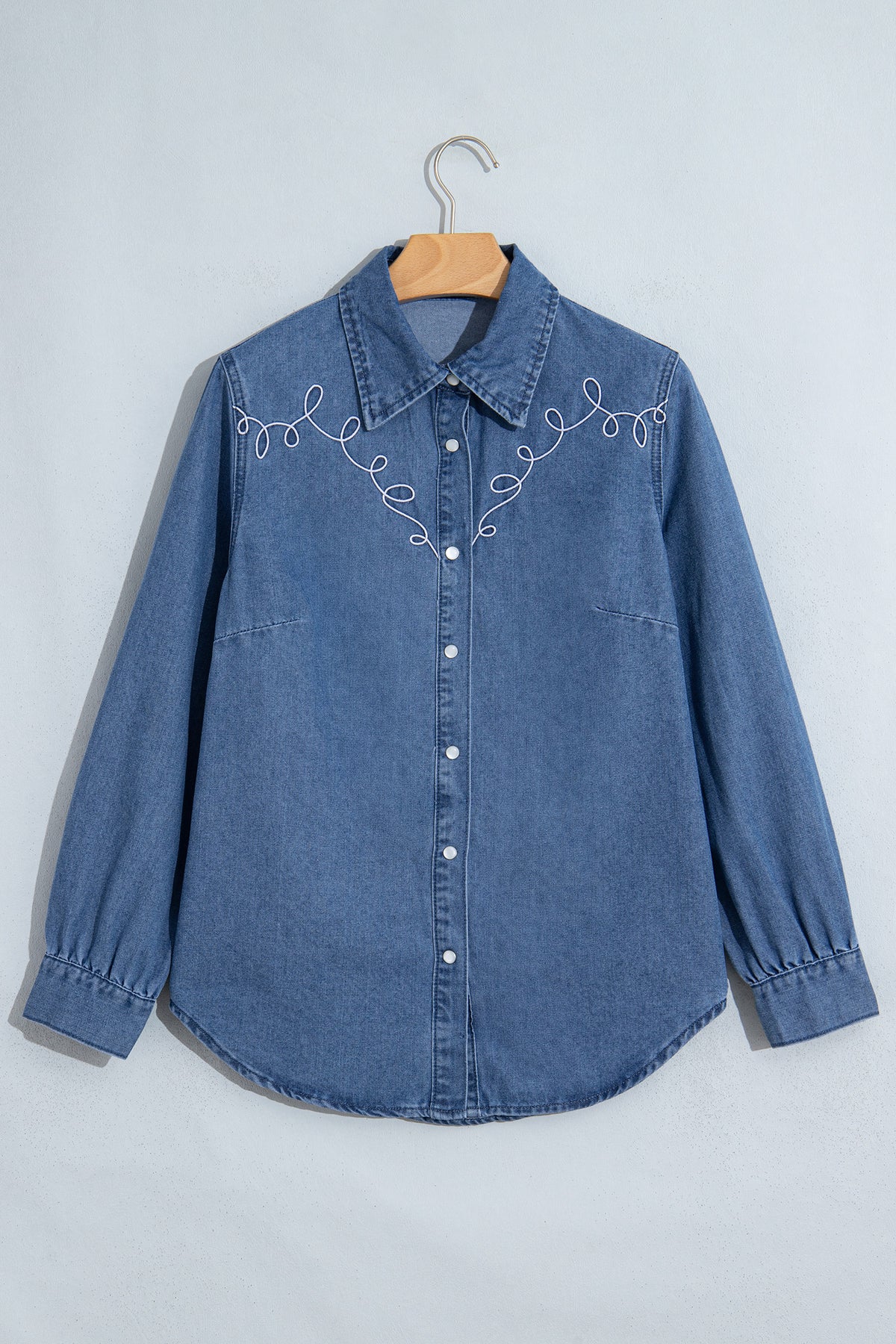 Dusk Blue Western Embroidered Collar Long Sleeve Denim Shirt