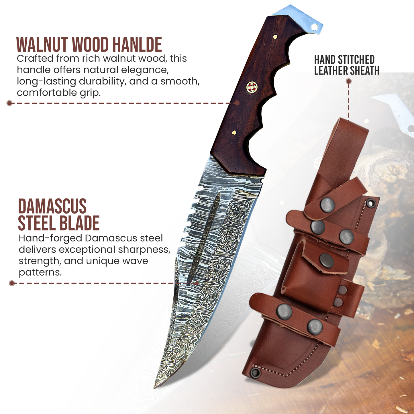 Handmade damascus steel knife with leather sheath