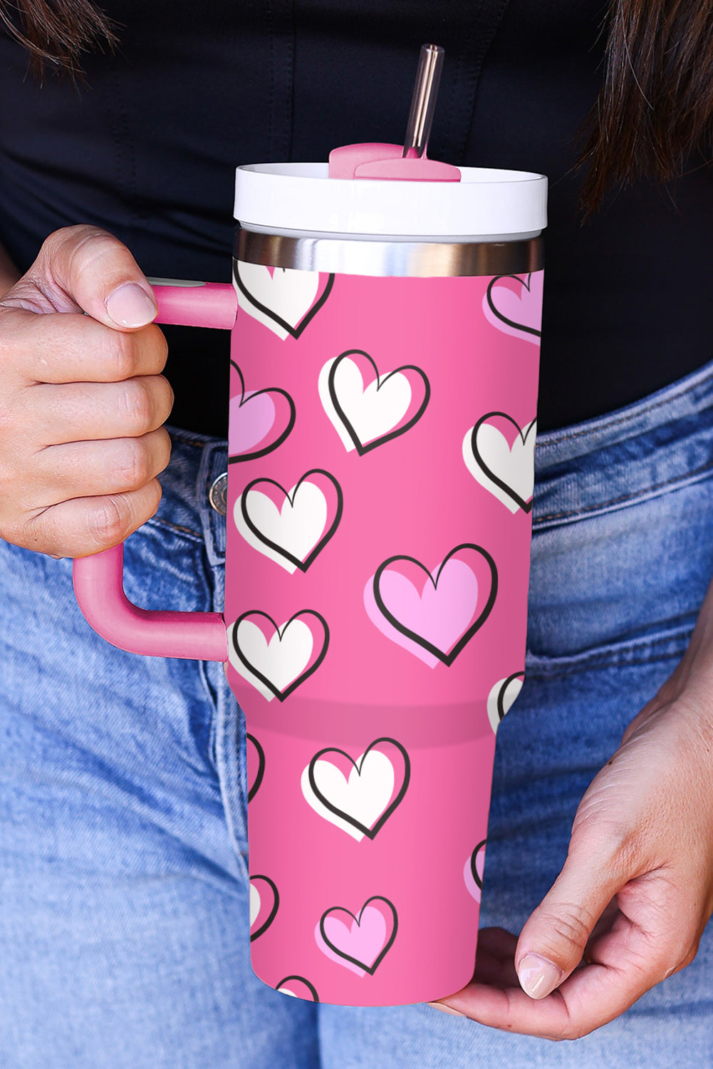 Rose Red Heart Print Thermos Cup with Handle 1200ml