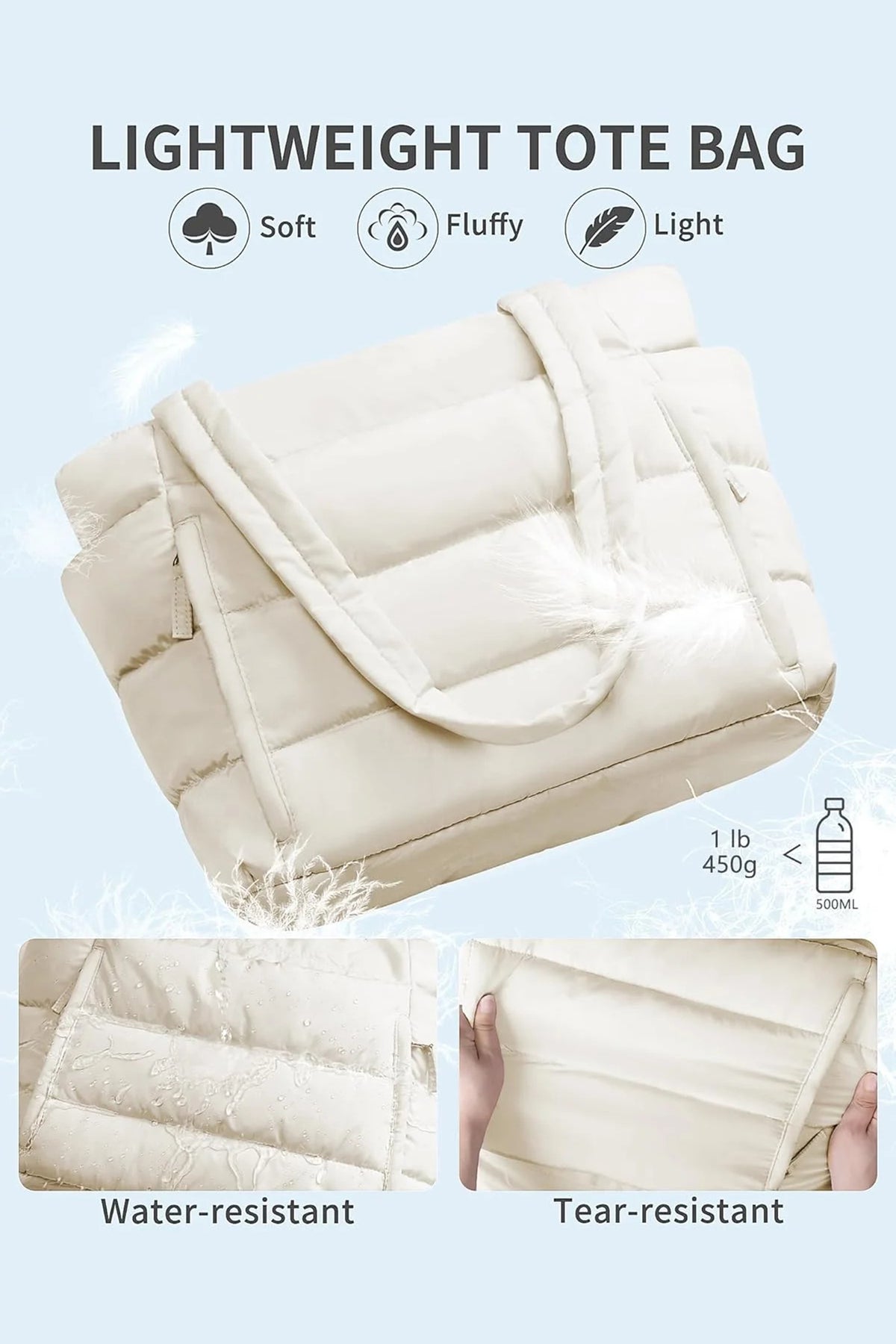 White Solid Color Puffy Quilted Large Tote Bag