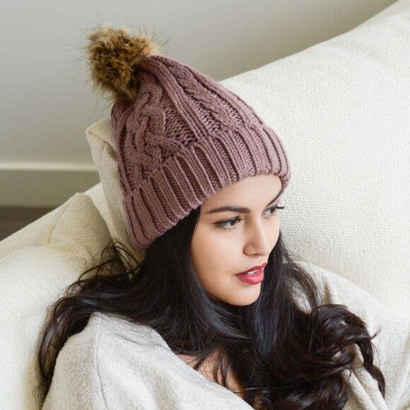 Cable Knit Beanie With Faux Fur Pom - Styled for Panache ❄️