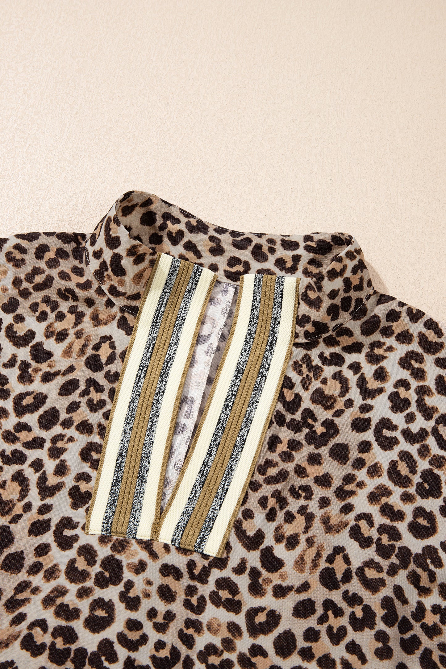 Leopard Contrast Trim V Neck Half Sleeve Western Dolman Blouse