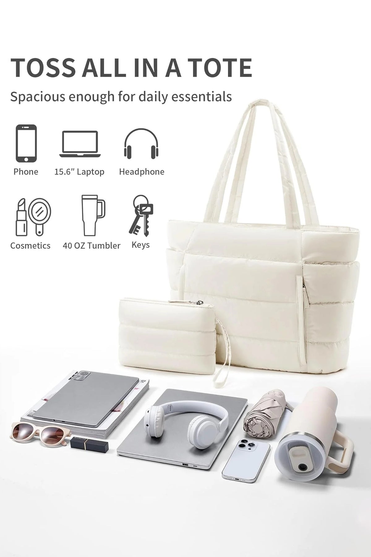 White Solid Color Puffy Quilted Large Tote Bag