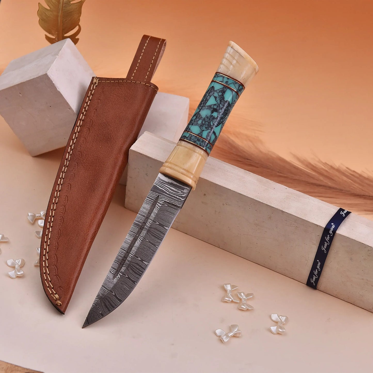 10' Bone handle damascus steel knife with leather sheath