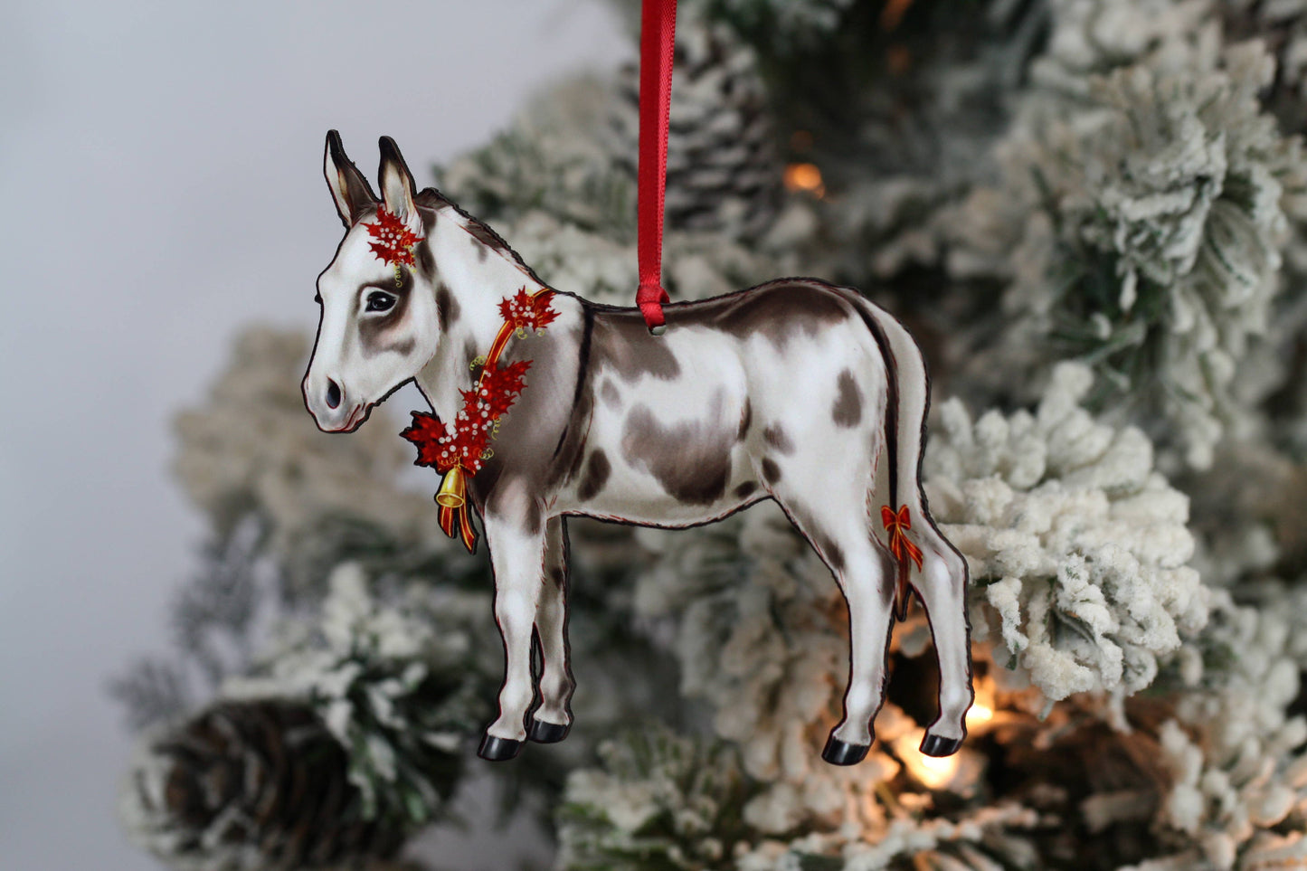 Spotted Gray and White Miniature Donkey Christmas Ornament