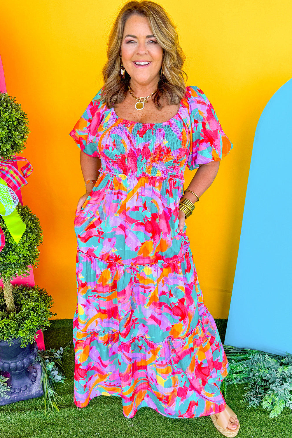 Multicolour Plus Size Floral Smocked Puff Sleeve Maxi Dress