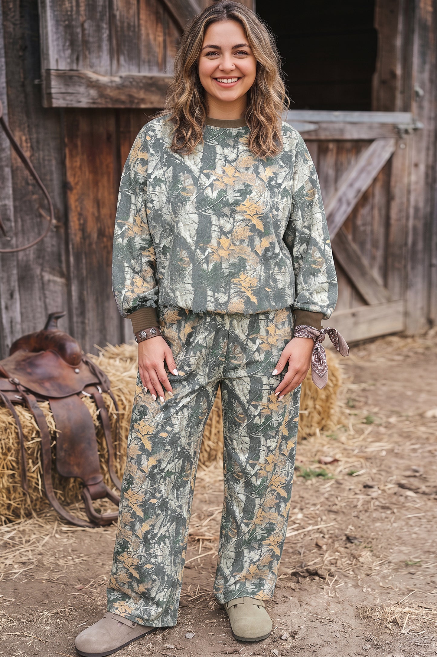 Brown Jungle Camouflage Print Ribbed Trim Long Sleeve Top Plus Size Pant Set
