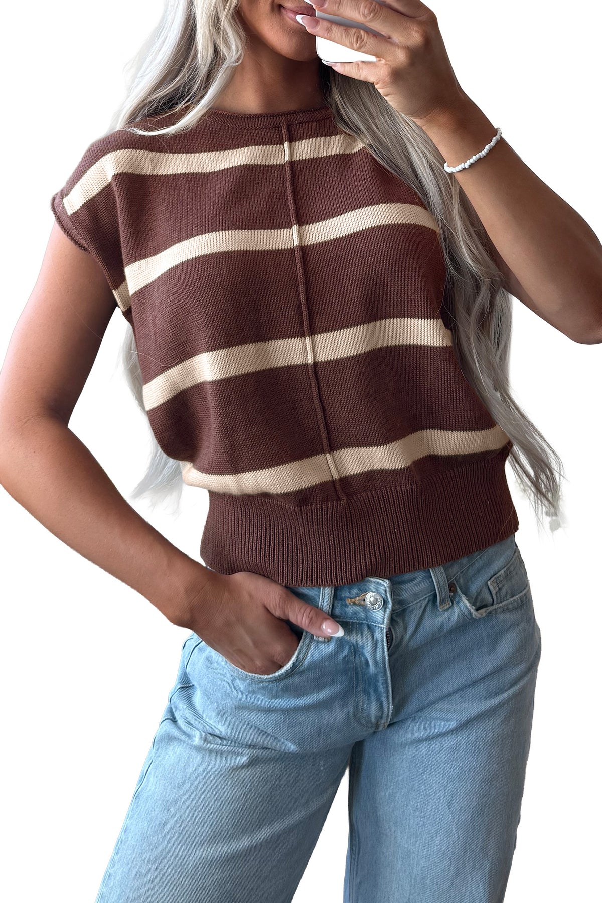 White Stripe Knit Western Short Sleeve Sweater