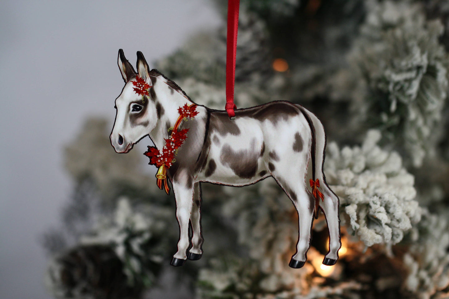 Spotted Gray and White Miniature Donkey Christmas Ornament