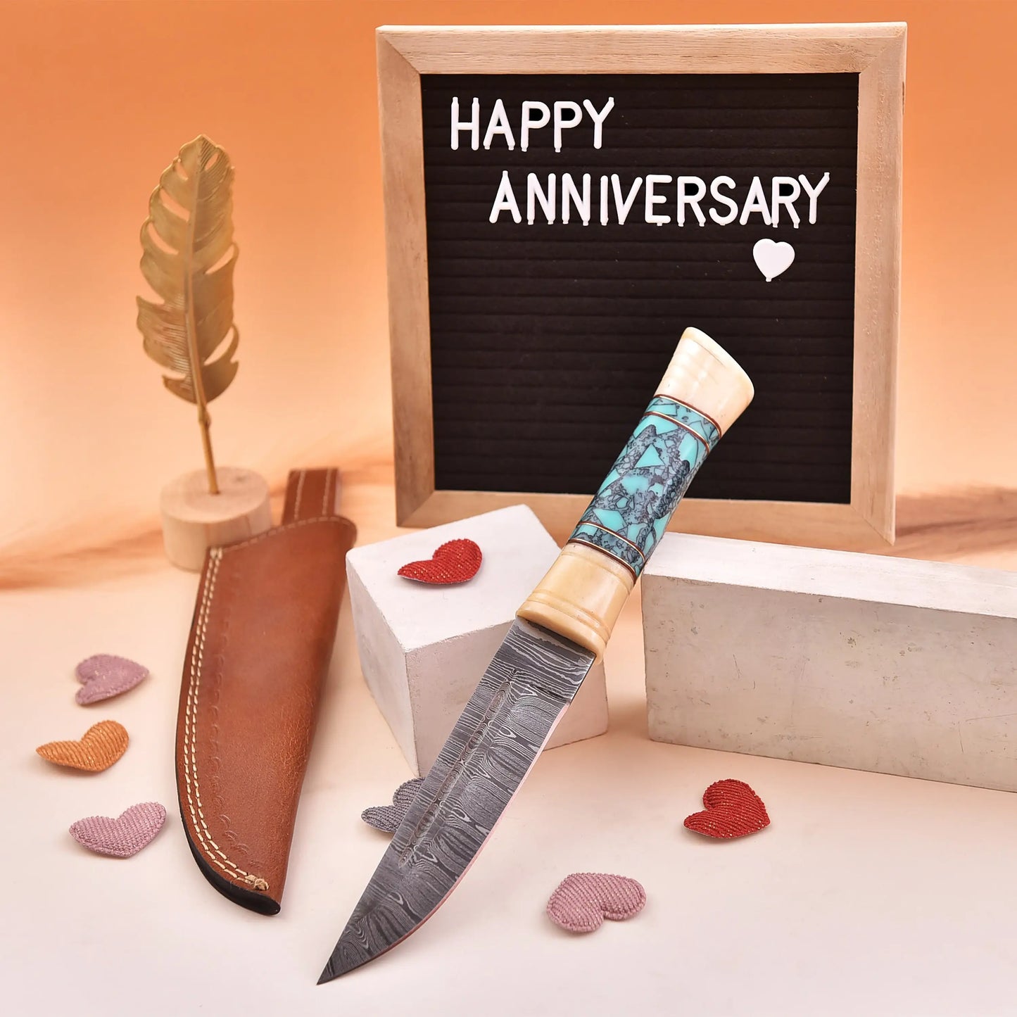 10' Bone handle damascus steel knife with leather sheath