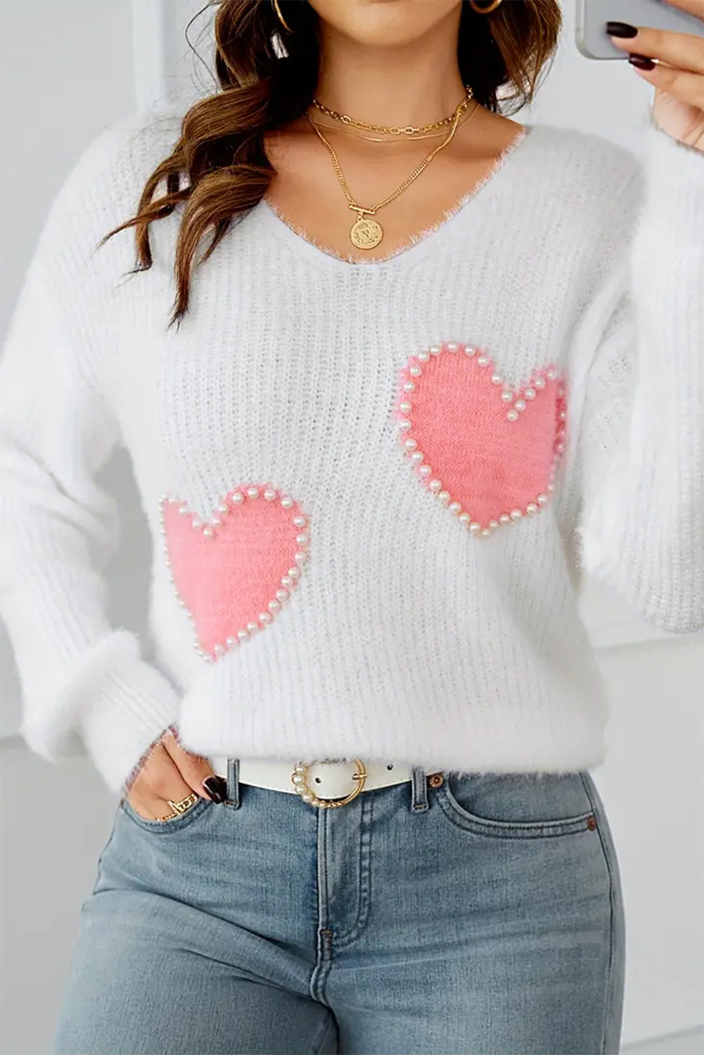 White Pearl Beaded Heart Pattern Fuzzy V Neck Sweater