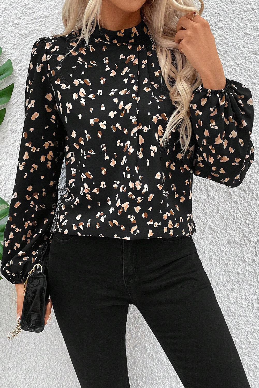 Black Leopard Print Lantern Sleeve Mock Neck Pleated Blouse