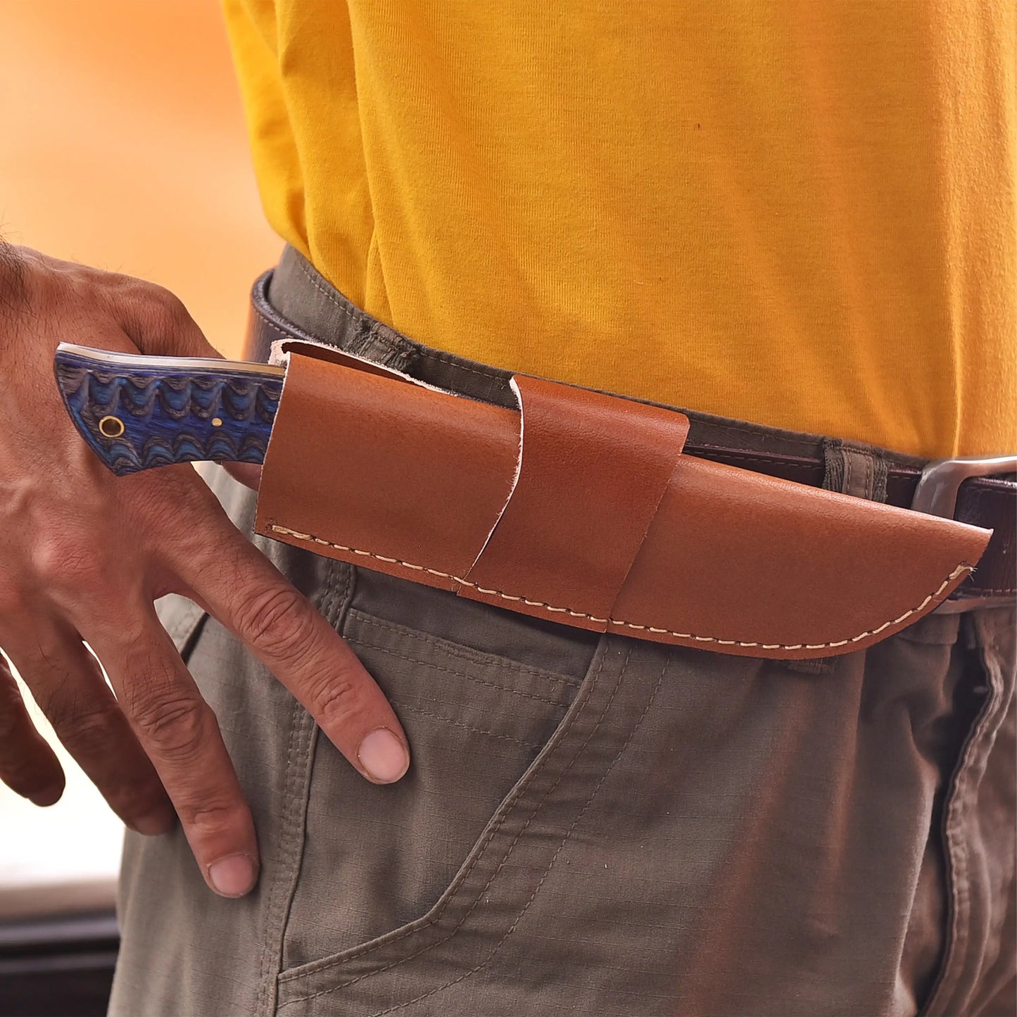 9.5' Grooved handle Damascus knife with leather sheath