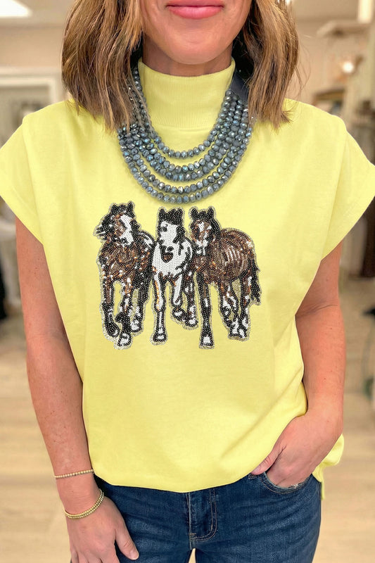 Yellow High Neck Sequin Horse Cap Sleeve Tunic Top