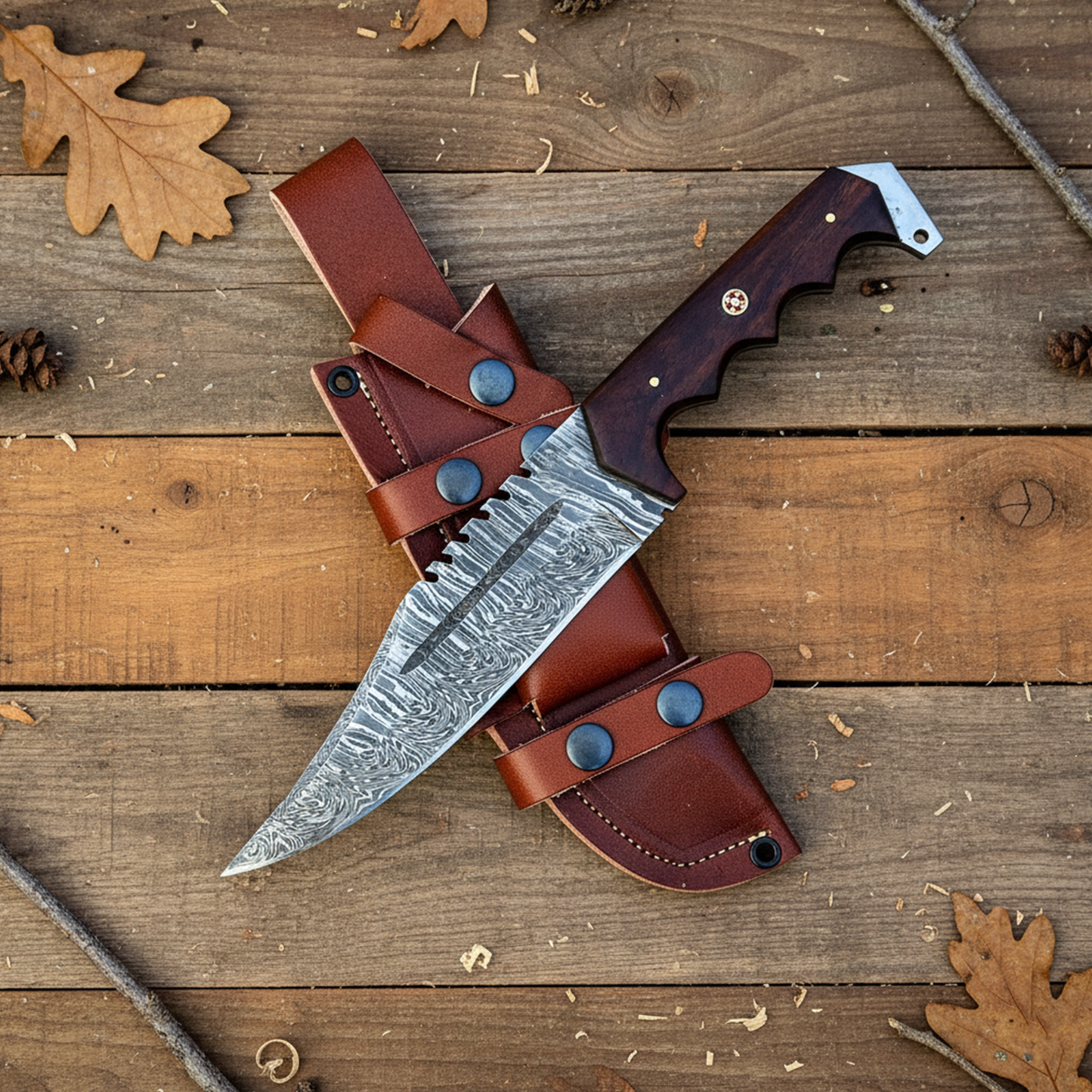 Handmade damascus steel knife with leather sheath