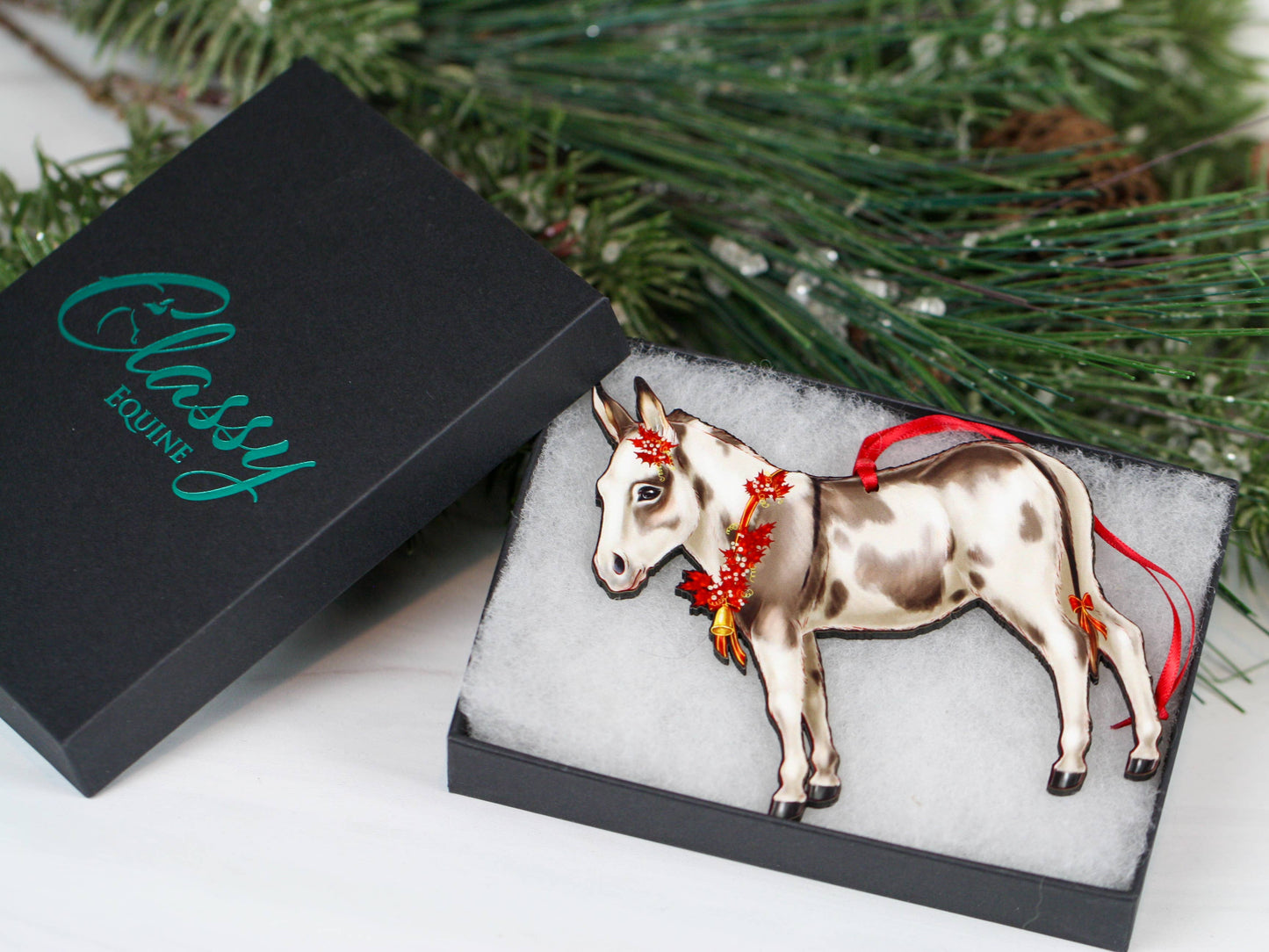 Spotted Gray and White Miniature Donkey Christmas Ornament