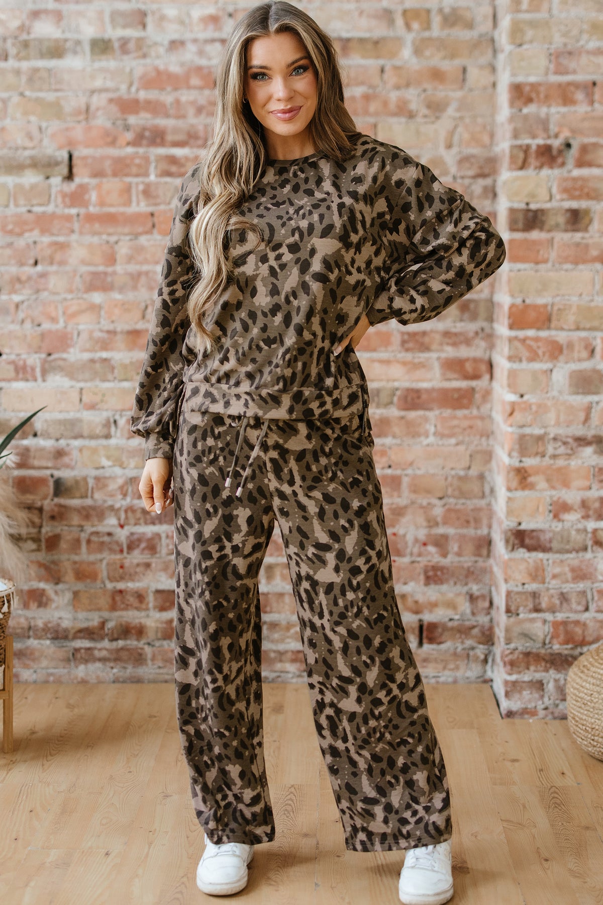 Gray Leopard Print Raw Seam Patchwork Pullover Drawstring Loose Pant Set