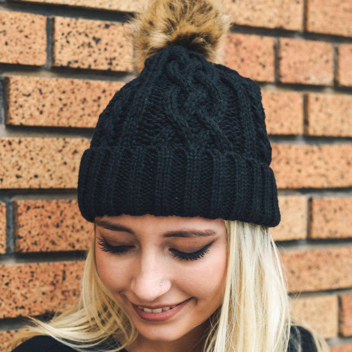 Cable Knit Beanie With Faux Fur Pom - Styled for Panache ❄️