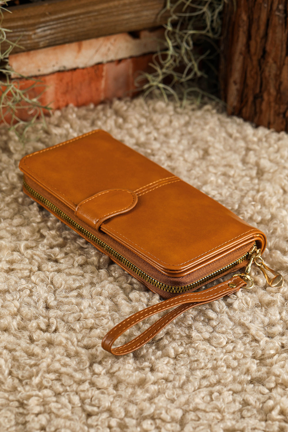 Cinnamon Faux Leather Zip Around Long Wristband Wallet