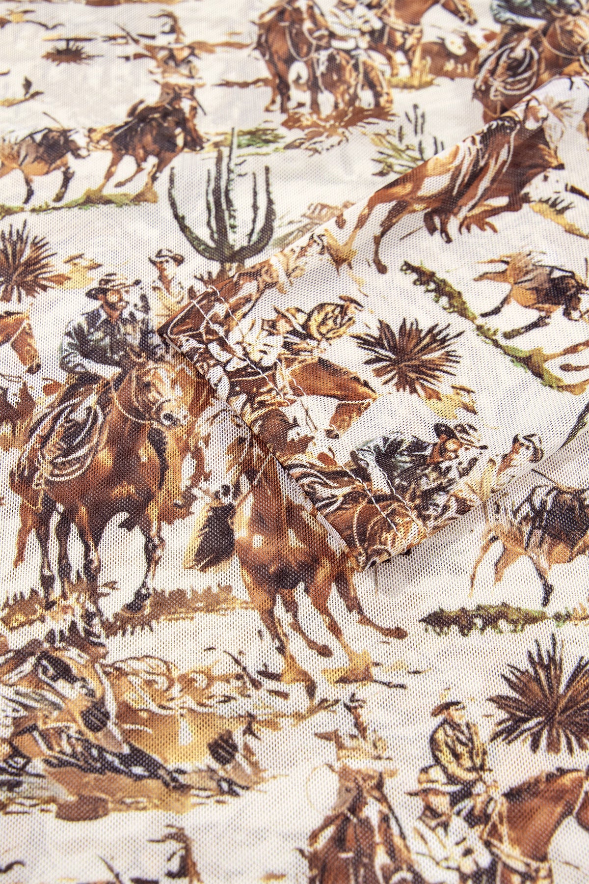 Beige Western Cowboy Floral Print Sheer Mesh Long Sleeve Top