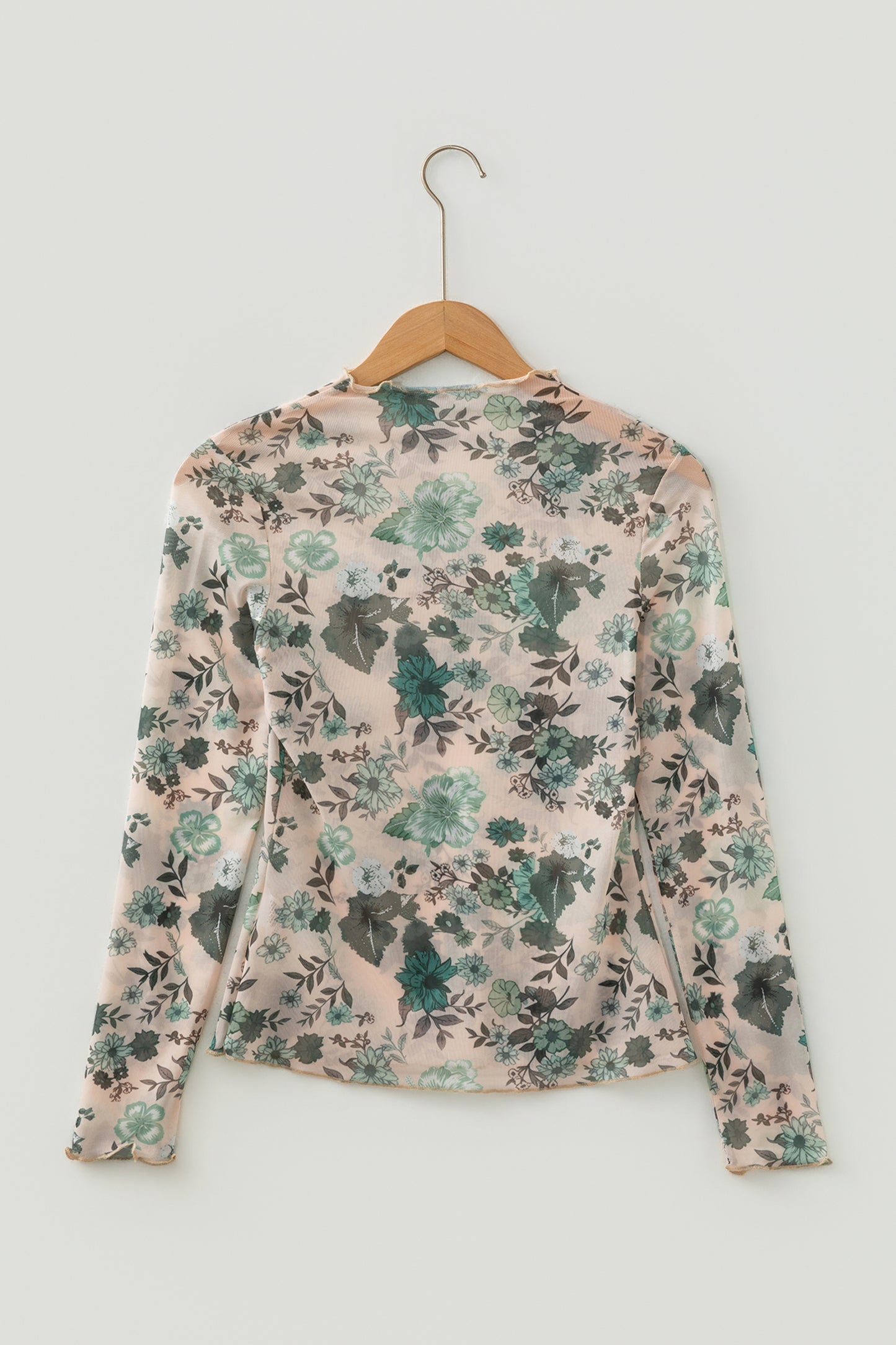 Green Western Style Floral Print Long Sleeve Mesh Top